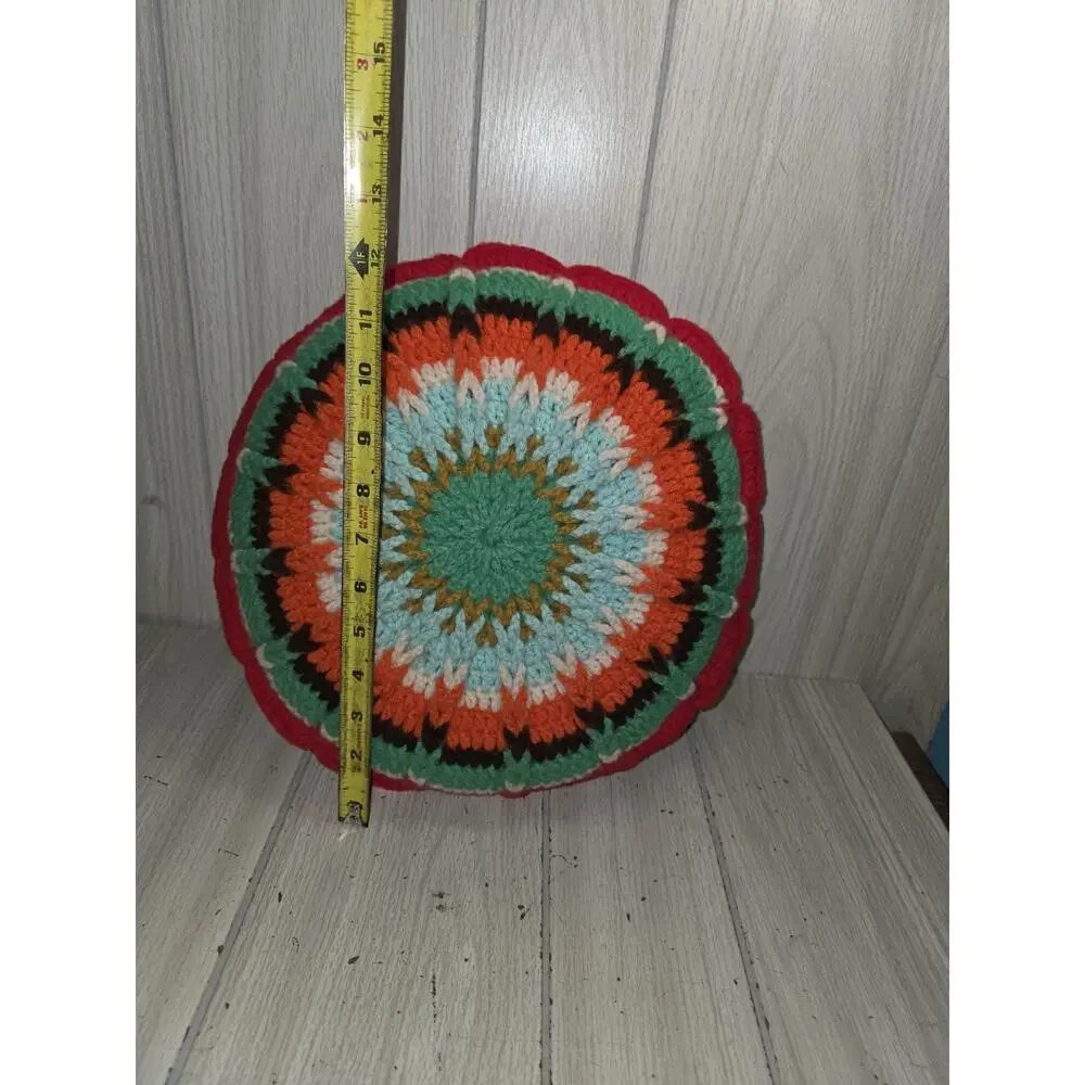 Vtg Hand Crochet Double Sided Scalloped Granny Round Muti Color Throw Pillow 11